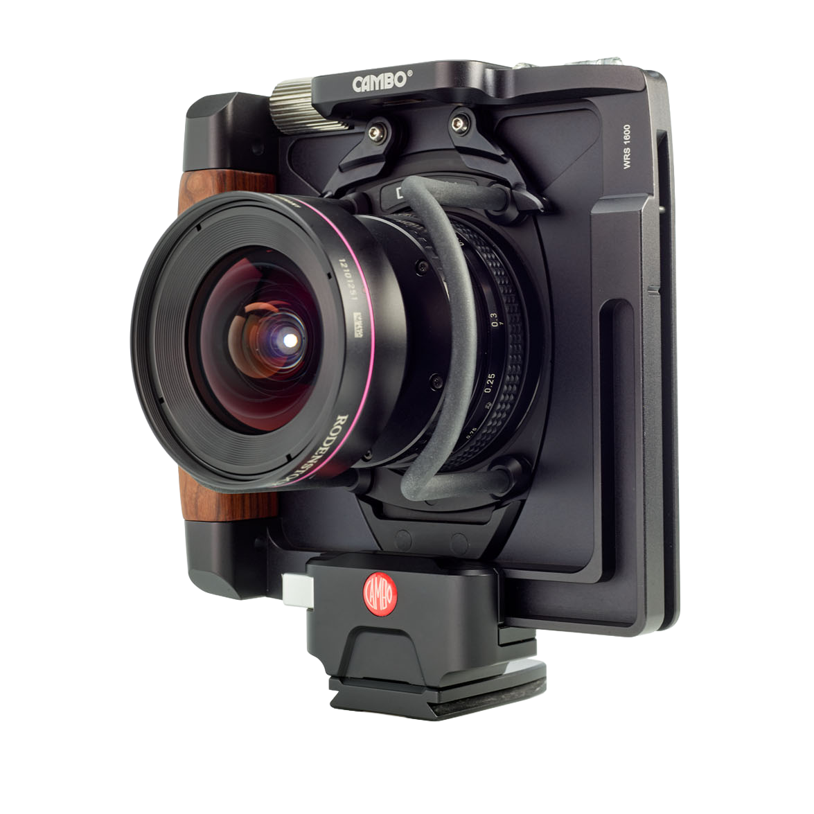 Cambo WRS 1600 technical camera shwon with the WRA 2023s aperture lens