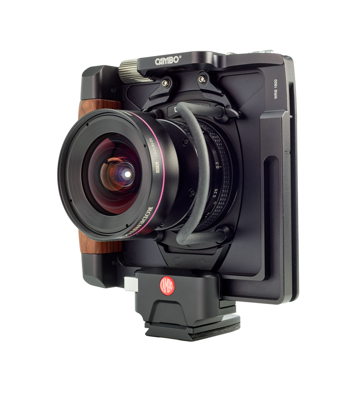 Cambo WRS 1600 technical camera shwon with the WRA 2023s aperture lens